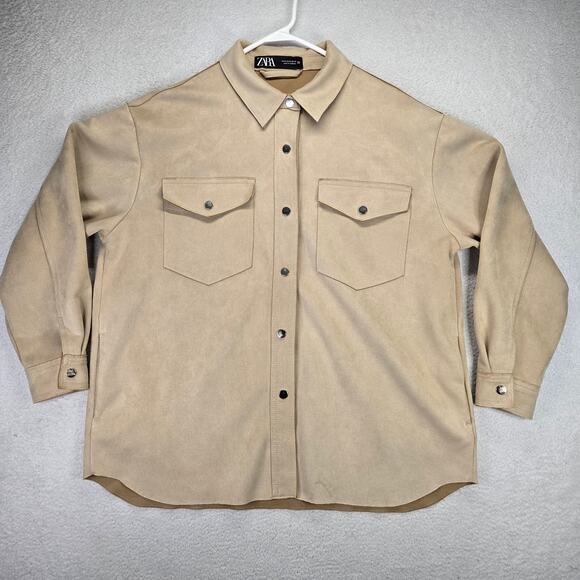 Zara Oversized Jacket Womens M Faux Suede Snap Front Tan/Beige Shacket - Picture 1 of 12